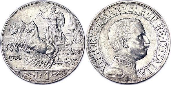 1 LIRA 1908 VITTORIO EMANUELE III 1900-1943 ROMA REGNO D'ITALIA R Q.Fdc/Fdc-A.Unc/Unc #1338