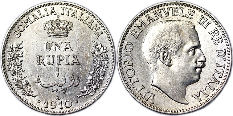 SOMALIA ITALIANA 1 RUPIA 1910 VITTORIO EMANUELE III ROM Rara Q.Spl #1365