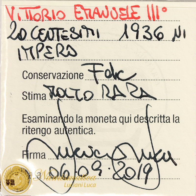 20 CENTESIMI 1936 Impero VITTORIO EMANUELE III REGNO D'ITALIA Fdc MOLTO RARA #PV139