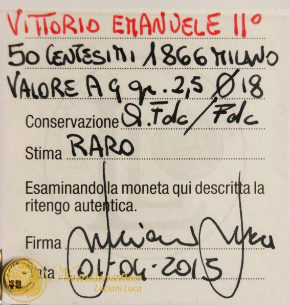 50 CENTESIMI 1866 MILANO VALORE VITTORIO EMANUELE II Q.Fdc/Fdc #PV594 50 CENTESIMI 1866 MILANO VALORE VITTORIO EMANUELE II Q.Fdc/Fdc #PV594