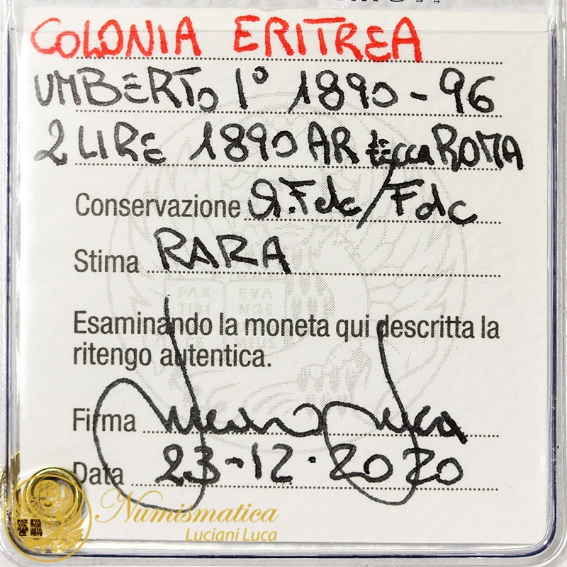 2 LIRE 1890 ZECCA ROMA UMBERTO I 1890-1896 COLONIA ERITREA Q.FDC/A.UNC RARA #PV293