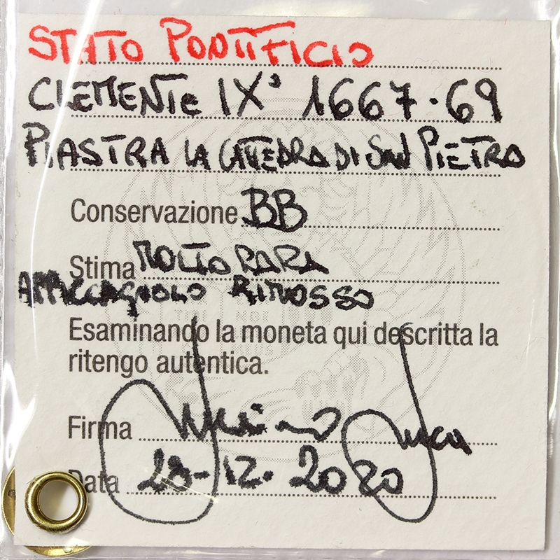 PIASTRA LA CATTEDRA DI SAN PIETRO CLEMENTE IX 1667-1669 STATO PONTIFICIO BB/VF MOLTO RARA #PV156