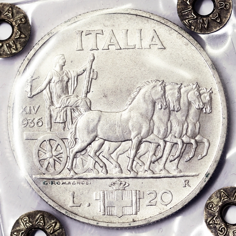 20 LIRE 1936 ROMA Quadriga Anno XIV VITTORIO EMANUELE III REGNO D'ITALIA RARO SPL+ #PV142
