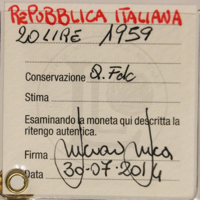 20 LIRE 1959 REPUBBLICA ITALIANA Q.Fdc #PV39