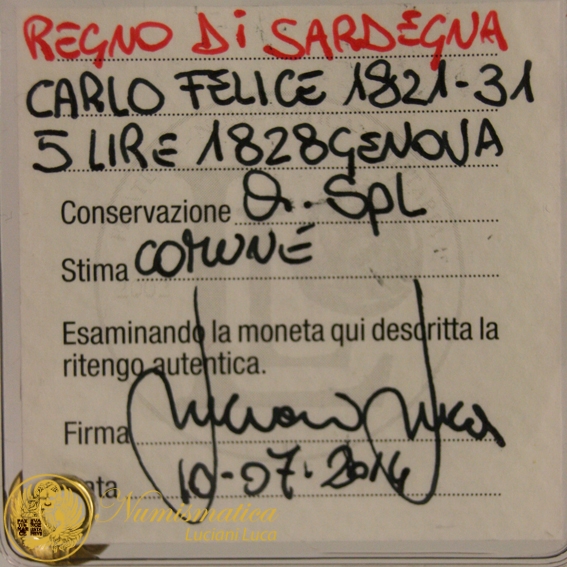 5 Lire 1828 Genova CARLO FELICE REGNO DI SARDEGNA Q.Spl #PV419 5 Lire 1828 Genova CARLO FELICE REGNO DI SARDEGNA Q.Spl #PV419
