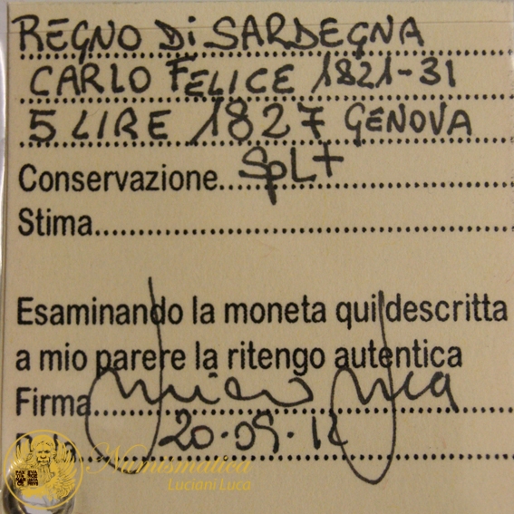 REGNO DI SARDEGNA CARLO FELICE 1821 1831 5 LIRE 1827 GENOVA Spl+ #PV320 REGNO DI SARDEGNA CARLO FELICE 1821 1831 5 LIRE 1827 GENOVA Spl+ #PV320