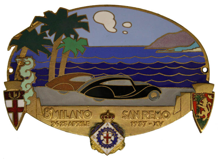 PLACCA REALE AUTOMOBILE CLUB ITALIANO 8^ COPPA MILANO SANREMO 1937 ANNO XV° #KP366