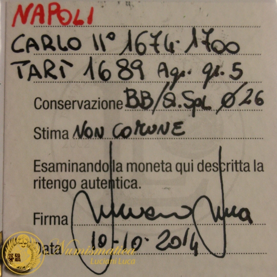NAPOLI (CARLO II° 1674-1700) TARI' 1689 BB/Q.Spl NON COMUNE #PV235 NAPOLI (CARLO II° 1674-1700) TARI' 1689 BB/Q.Spl NON COMUNE #PV235
