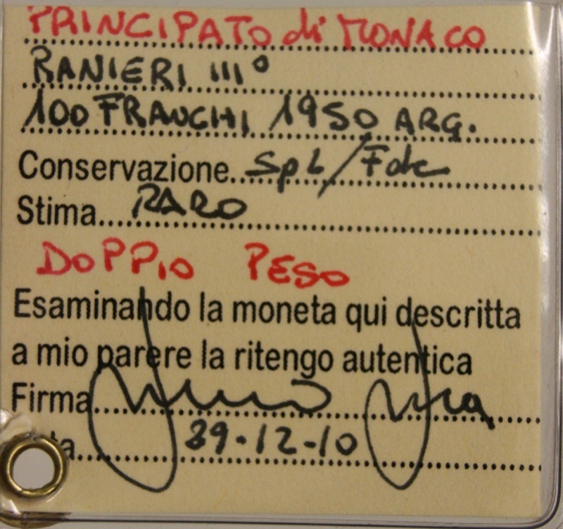 Principato di Monaco Ranieri III° 100 Franchi 1950 Doppio Peso Spl/Fdc #PV255