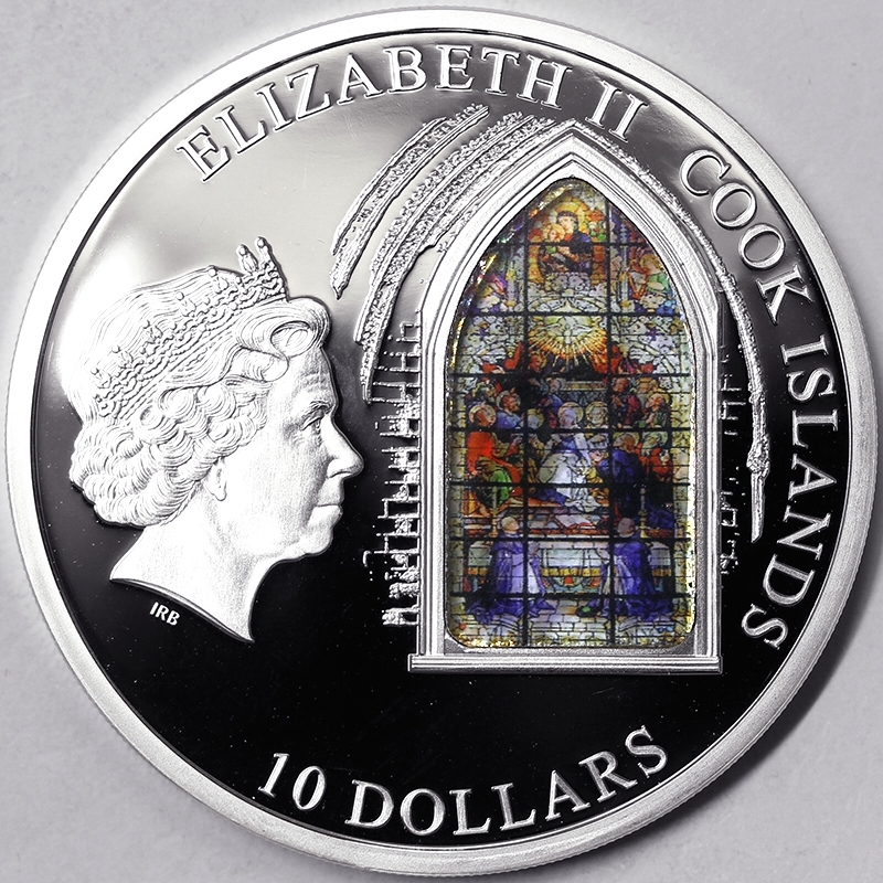 10 DOLLARS 2011 ELIZABETH II WINDOWS OF HEAVEN SEVILLE CATHEDRAL COOK ISLANDS PROOF #SLAB25
