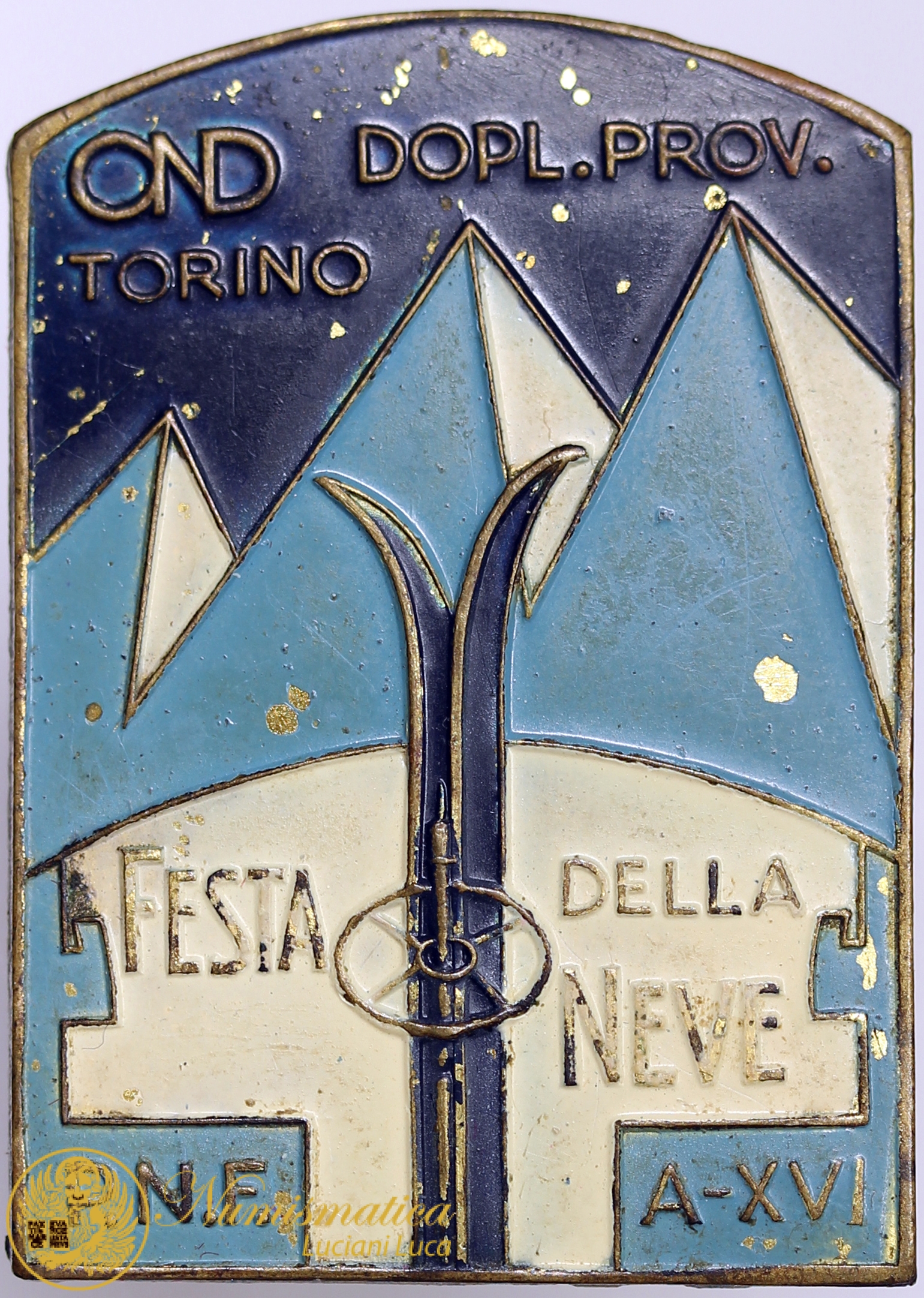 DISTINTIVO OND PNF FESTA DELLA NEVE TORINO 1938 ANNO XVI FASCISMO VERNICIATA #MD2379