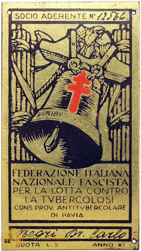 PLACCA NOMINATIVA SOCIO ADERENTE FEDERAZIONE LOTTA TUBERCOLOSI PAVIA 1933 ANNO XI FASCISMO #KP208