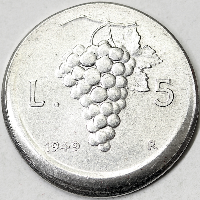 Repubblica Italiana Errore di conio forte decentratura 5 lire 1949 RRR #PV33
