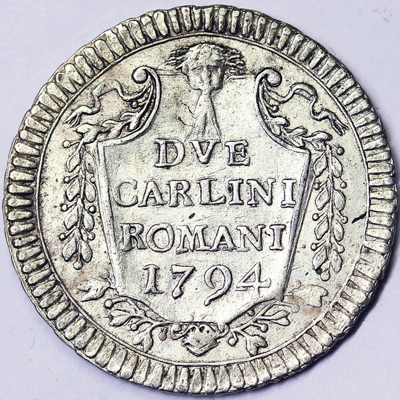 DA 2 CARLINI 1794 ANNO XX ROMA PIO VI 1775-1799 STATO PONTIFICIO Q.FDC/A.UNC #PV322