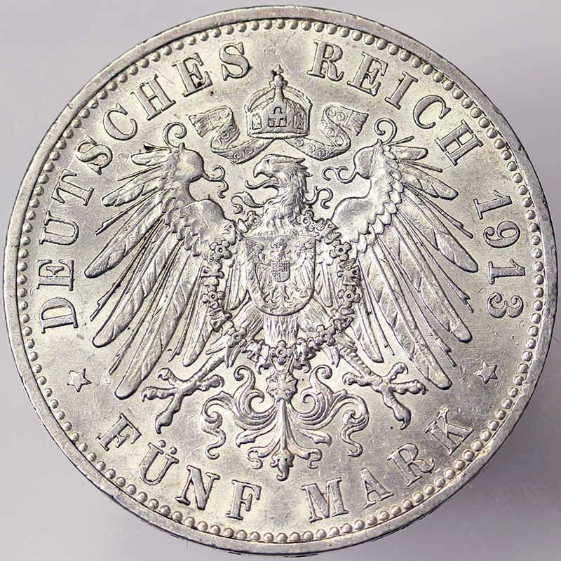 5 MARK 1913 A WILHELM II 1888-1918 PRUSSIA Spl+/XF+ #957A