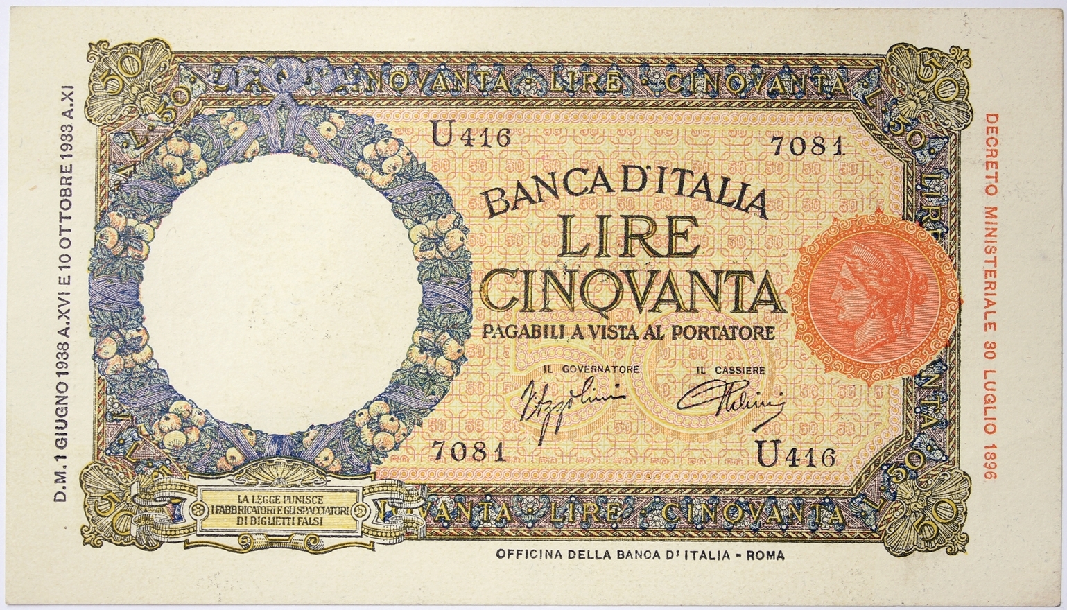 50 LIRE 1/6/1938 BANCONOTA REGNO D'ITALIA #BI108