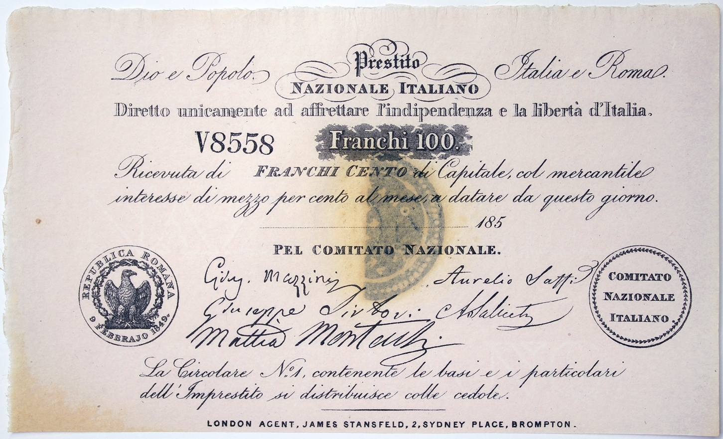 100 FRANCHI 1850 PRESTITO NAZIONALE ITALIANO BANCONOTA RISORGIMENTALE FDS #BI39