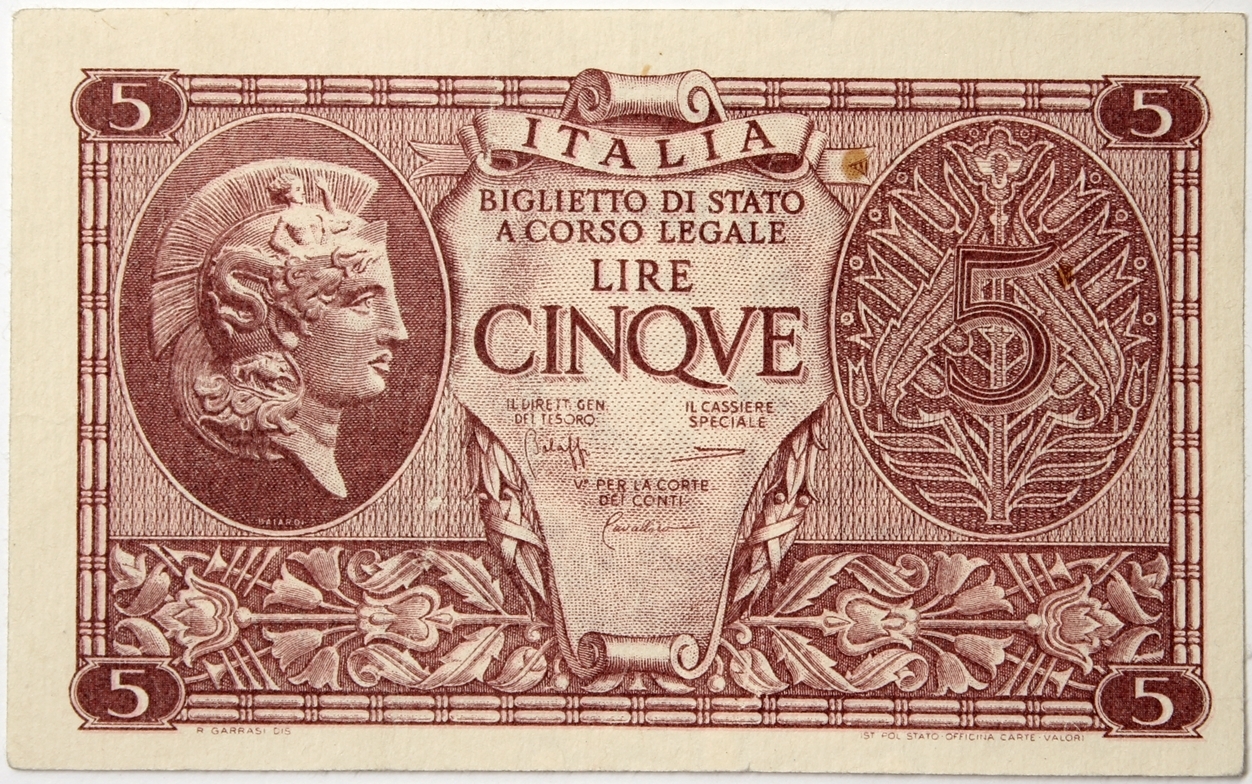 5 Lire Atena Elmata 23/11/1944 Bolaffi/Cavallaro Vittorio Emanuele III #BI197