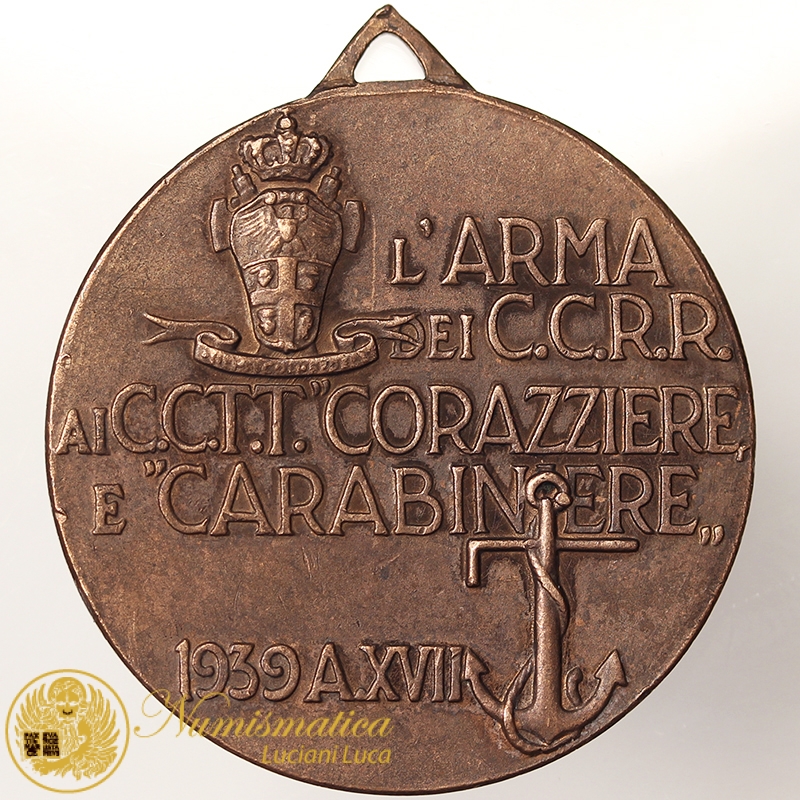 MEDAGLIA REGIA MARINA L'ARMA DEI CARABINIERI REALI CCRR AI CACCIATORPEDINIERI CCTT CORAZZIERE E CARABINIERE 1939 ANNO XVII FASCISMO WWII #MD3075