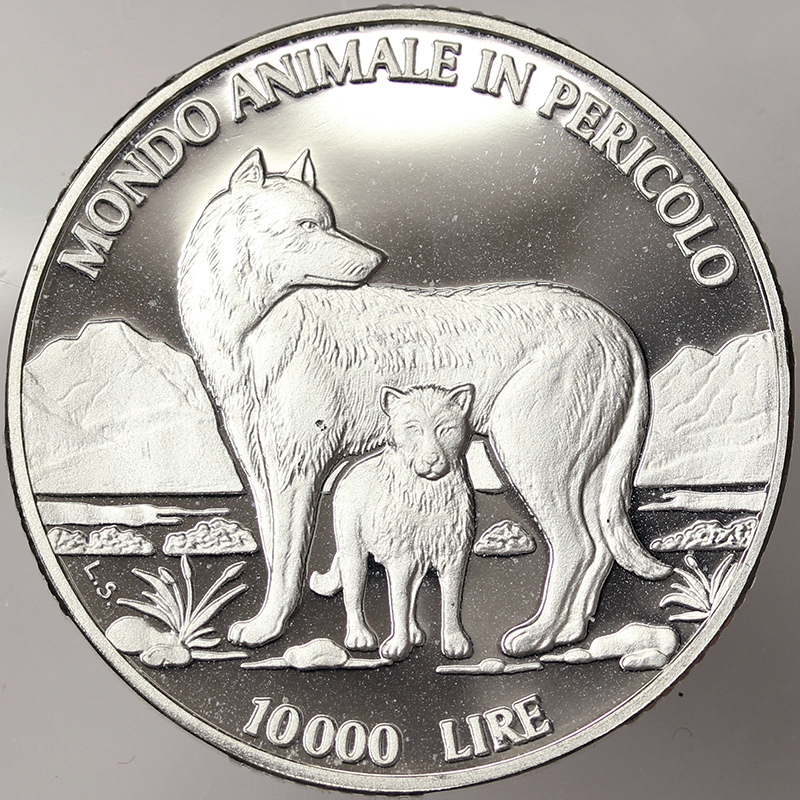 SAN MARINO 10000 LIRE 1996 MONDO ANIMALE IN PERICOLO PROOF Ag #4557