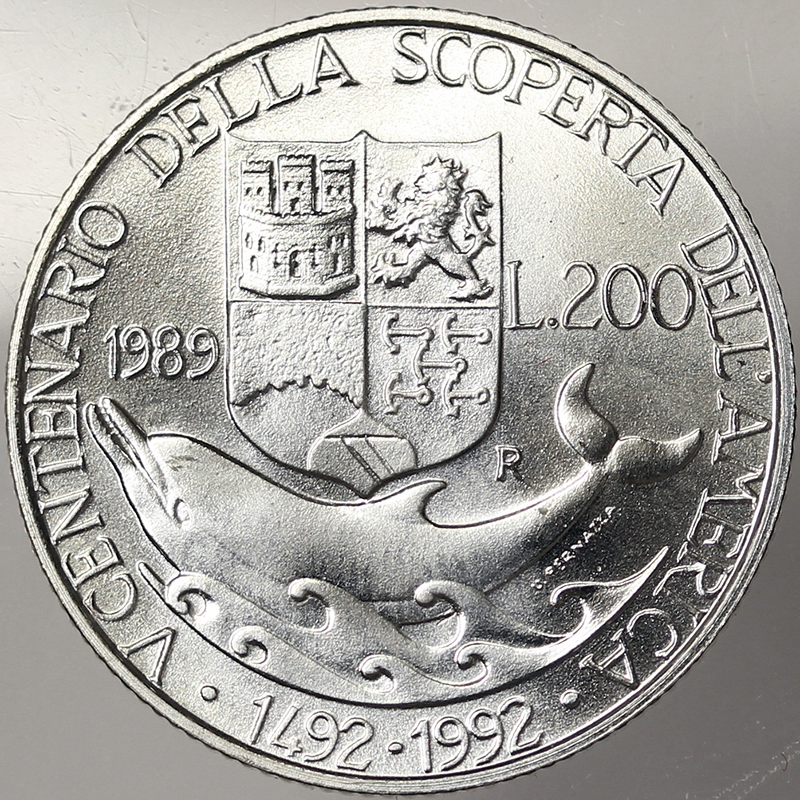 ITALIA 200 LIRE 1989 V CENTENARIO SCOPERTA AMERICA Ag #3295
