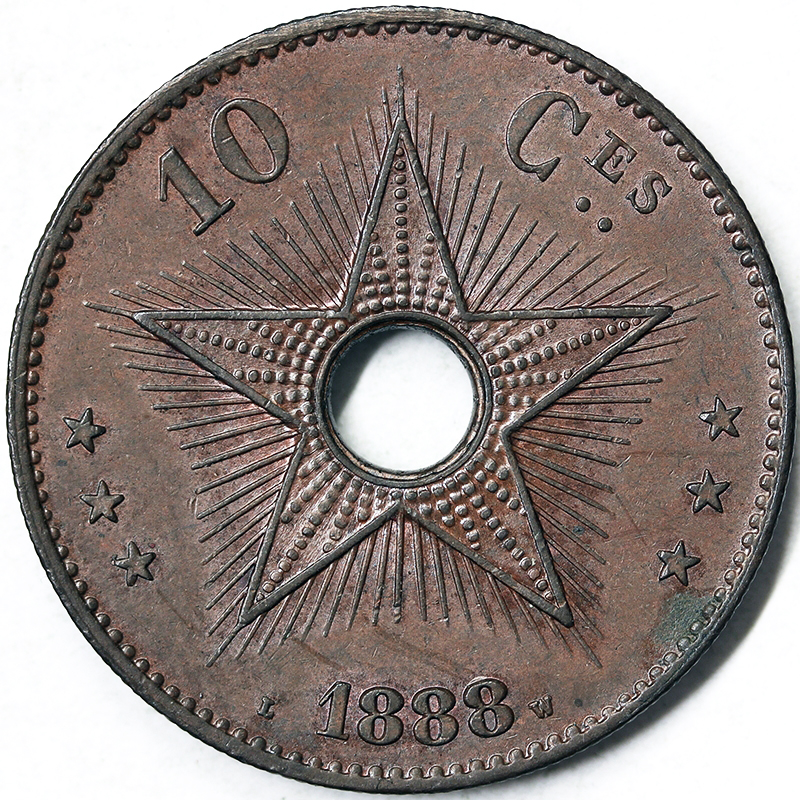 10 CENTIMES 1888 W LEOPOLD II 1865 1909 BELGIAN CONGO #1013A