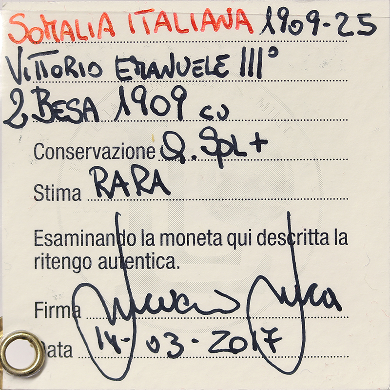SOMALIA ITALIANA 2 BESA 1909 VITTORIO EMANUELE III Q.Spl+ RARA #PV734