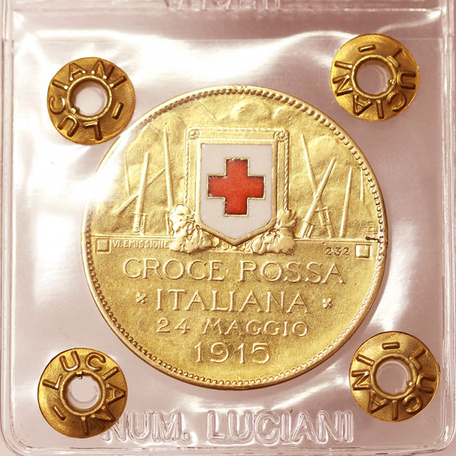 50 LIRE 1915 Au CROCE ROSSA Moneta Medaglia MOLTO RARA VITTORIO EMANUELE III REGNO D'ITALIA Q.Spl #PV454