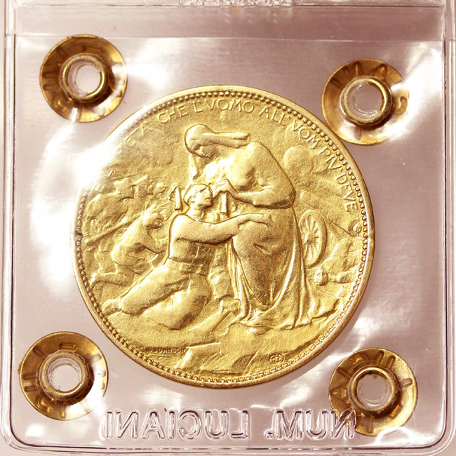 50 LIRE 1915 Au CROCE ROSSA Moneta Medaglia MOLTO RARA VITTORIO EMANUELE III REGNO D'ITALIA Q.Spl #PV454