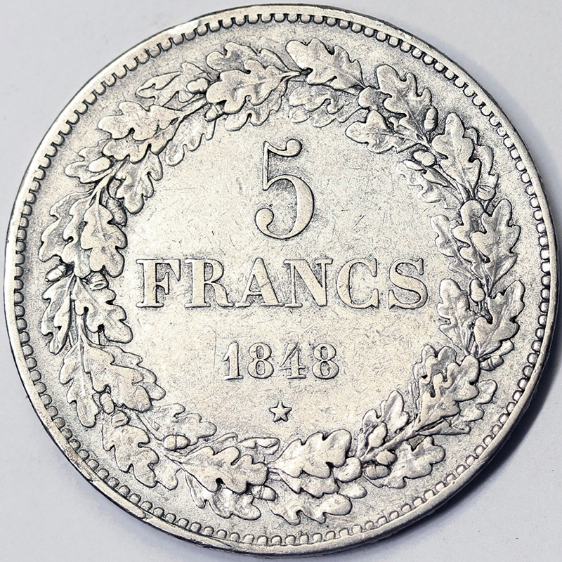 5 FRANCHI 1848 LEOPOLD I 1831-1865 BELGIO BB/VF #4424