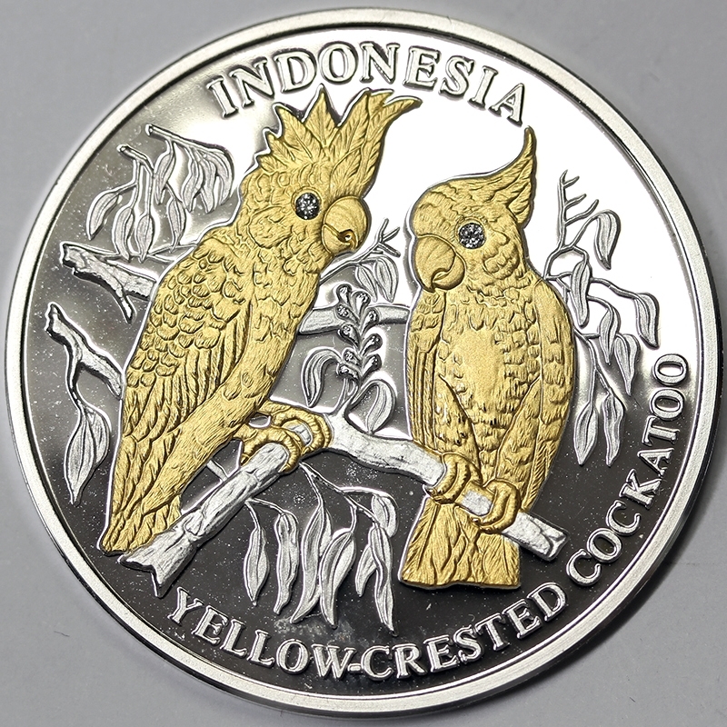 10 DOLLARS 2005 LIBERIA SPECIE IN PERICOLO CACATUA INDONESIA PROOF ARGENTO PLACCATO ORO #3445A