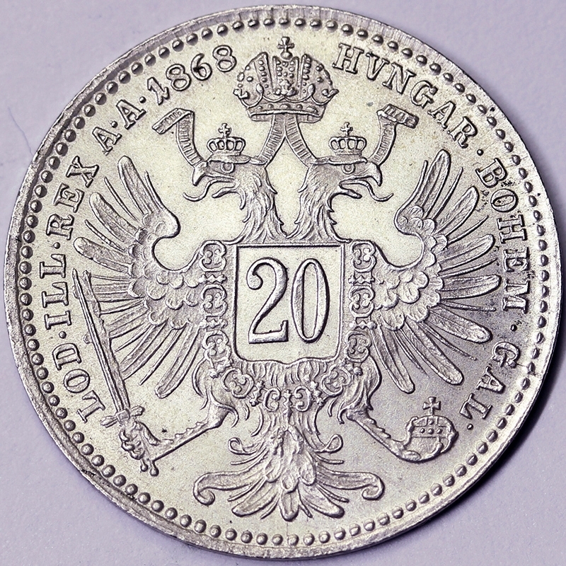 20 KREUZER 1868 VIENNA FRANCESCO GIUSEPPE I 1848-1916 AUSTRIA #6396