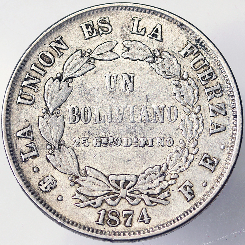 1 BOLIVIANO 1874 FE REPUBBLICA BOLIVIANA (1825-presente) POTOSI' BOLIVIA Q.BB #4695