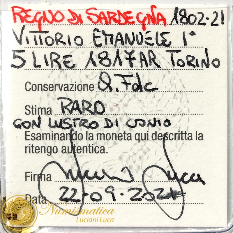 5 LIRE 1817 TORINO VITTORIO EMANUELE I 1802-1821 REGNO DI SARDEGNA RARO Q.FDC/A.UNC #PV745 5 LIRE 1817 TORINO VITTORIO EMANUELE I 1802-1821 REGNO DI SARDEGNA RARO Q.FDC/A.UNC #PV745