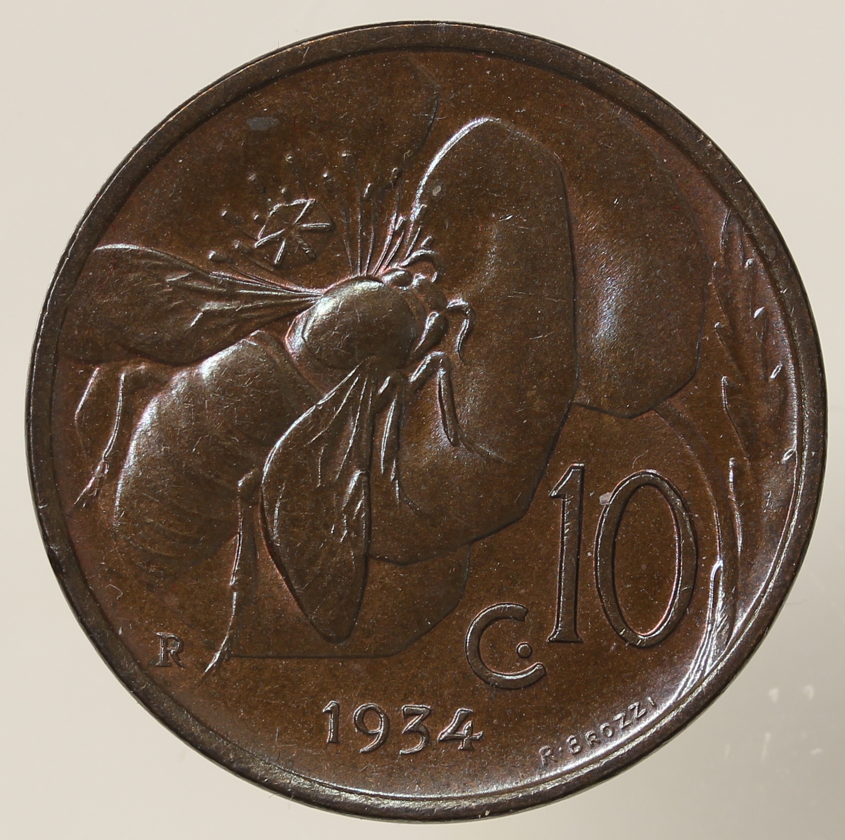10 Centesimi 1934 Fdc Rame rosso scuro Vittorio Emanuele III° #PV533